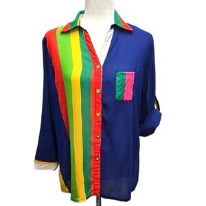Xception Women Colorful Striped Semi-Sheer Button-Up Gathered Back Blouse Size L